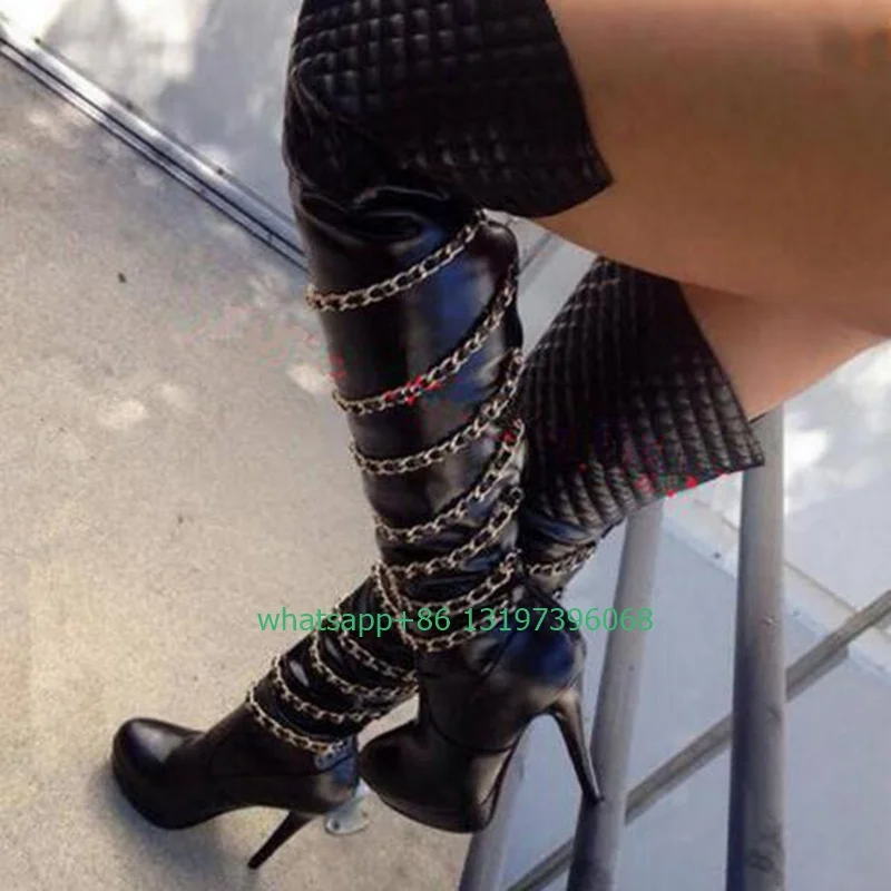 Lady sexy platform black chian design boots PU  pointed toe stiletto heel over the knee boots punk style dance boots size 35-46