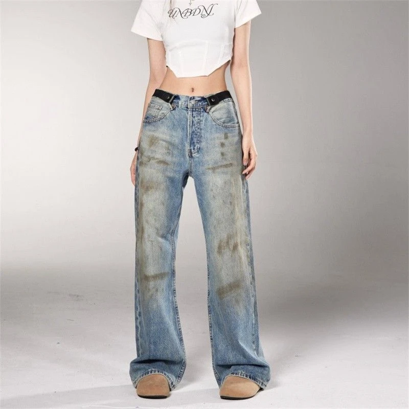 

Women's Paint Dirty Blue Vintage Unisex Jeans Cool Girl Vibe Denim Trousers Bottoms Female High Waisted Street Regular Pants