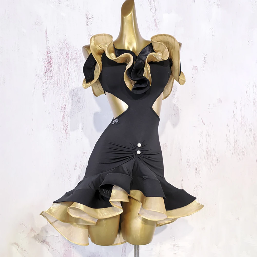 Rumba Latin Dance Competition Black Sexy Dance Suit Sleeveless Fish Bone Ruffled Samba New Sling Performance Dress view 4