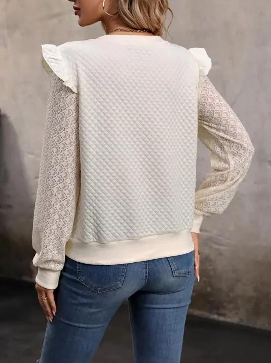 

2025 Ruffled Edge Patchwork Hoodie Lace Casual Long Sleeve Texture Pullover Top Women's Fashion Comfortable Streetwear