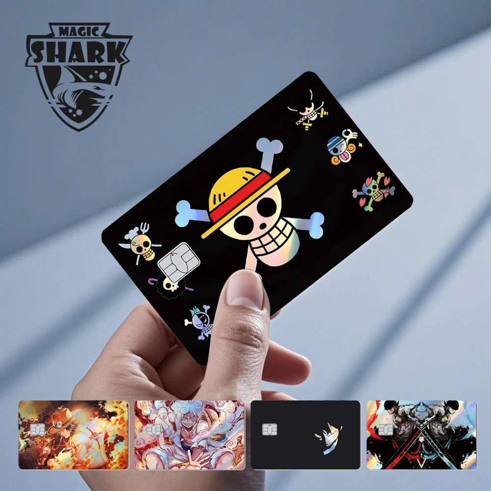 Tiburón mágico Luffy Zorro Ace cráneo Anume holográfico brillante pegatina láser película piel para tarjeta de débito de crédito
