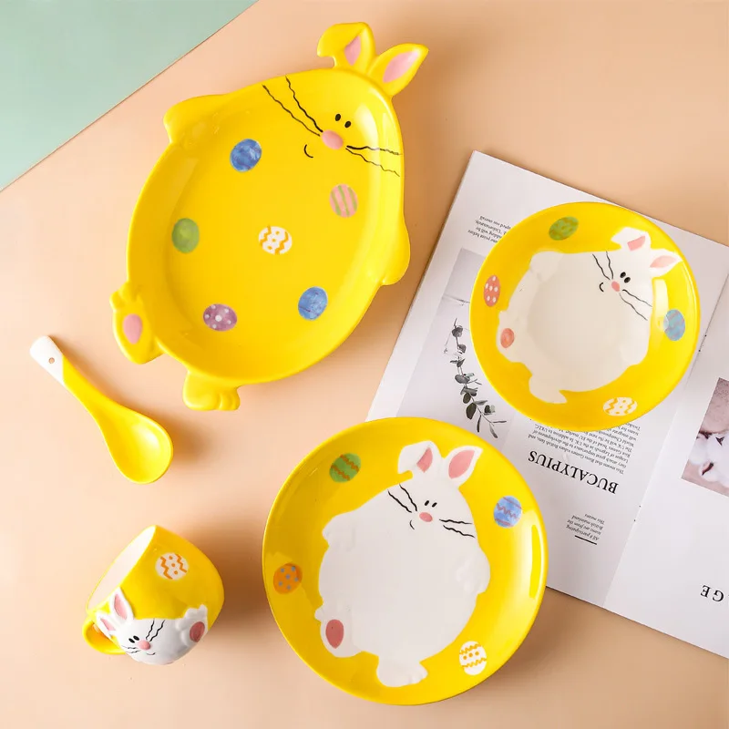 Cartoon Rabbit Ceramic Tableware Plate Breakfast Plates For Food Dessert Fruit Dishes Milk Cup Children Home Kitchen Dinnerware