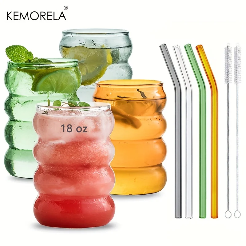 530ML 4PCS Creative Colorful Glass Cup BubbleTumbler Drinkware Tea Juice Milk Coffee Mug, Home Water Glasses Ripple Mug