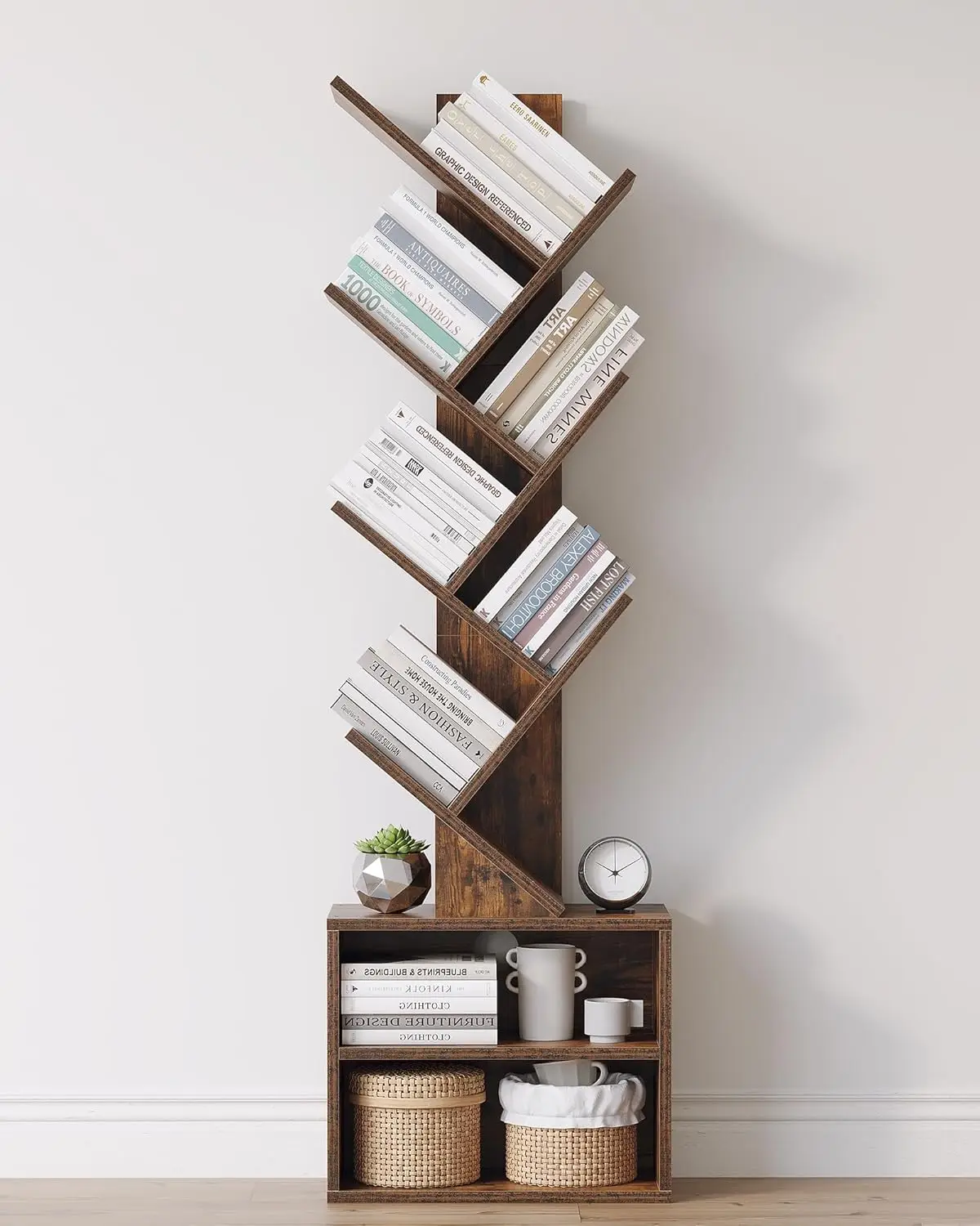 

6-Tier Tall Narrow Bookshelf with Storage Cabinet, Rustic Brown Modern Tree Design for Bedroom/Living Room/Office