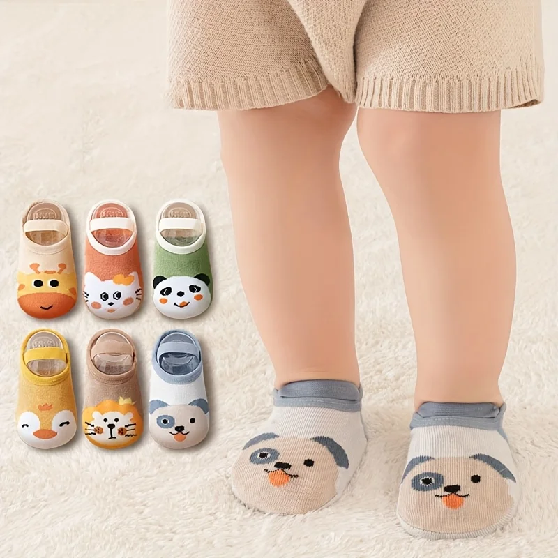 6 pairs of boys and girls' anti slip socks with cute cartoon animal patterns, comfortable and breathable baby floor socks