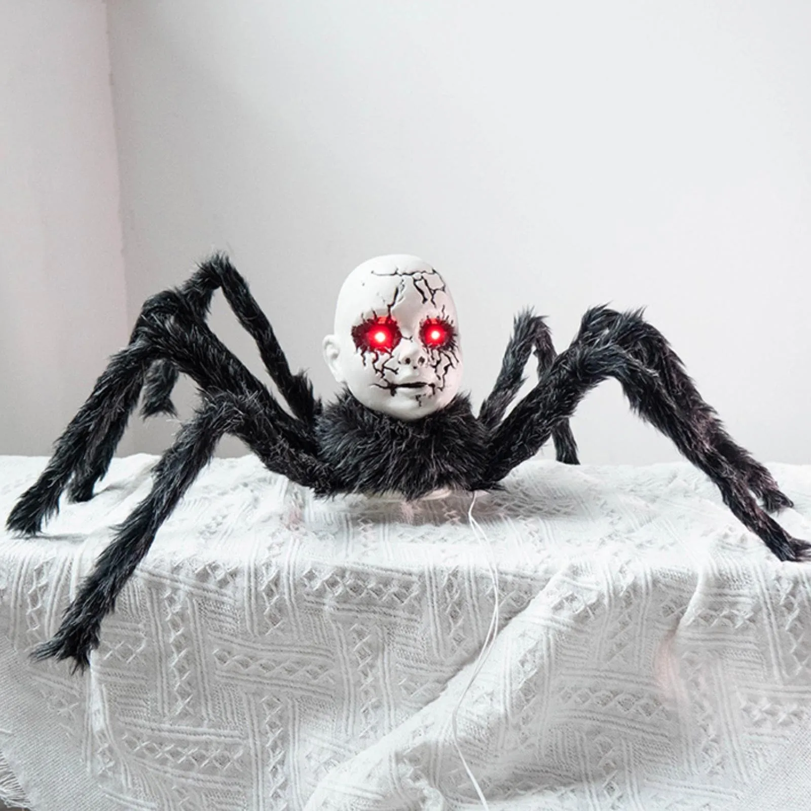 

Halloween Animatronic Doll Face Spider Motion Activated Glowing Eyes Sound Control Scary Walking Toy Haunted House Prop