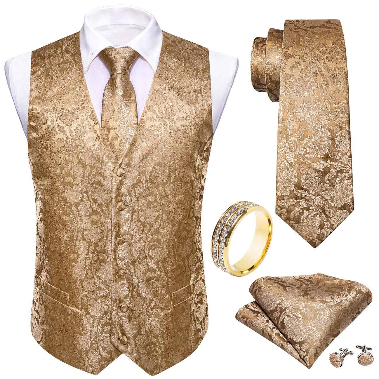 Pale Gold Floral Pattern V-Neck Vest 5-In-1 Set Tie Square Cufflinks Ring For Prom Gentleman Occasion