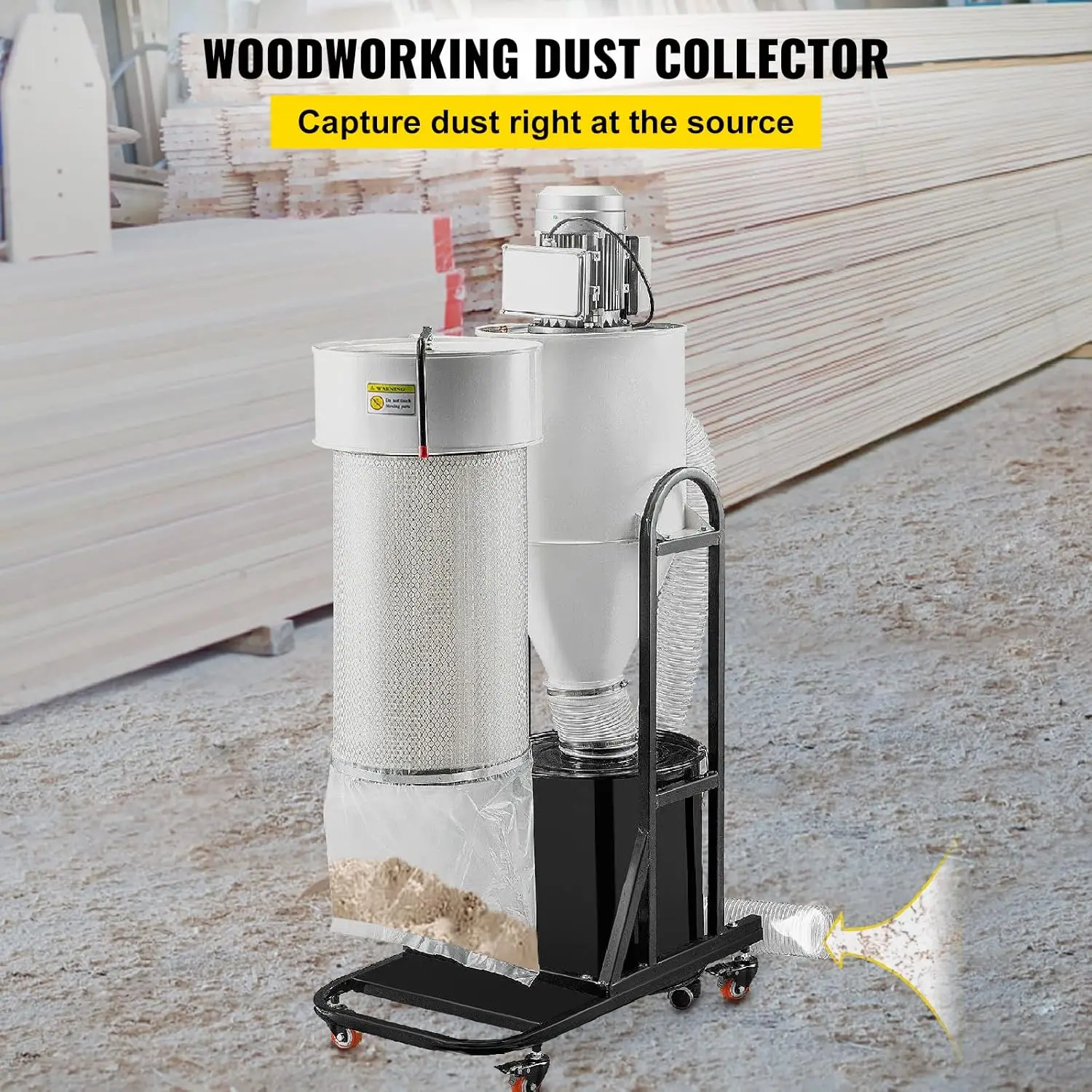 

VEVOR HP Portable Cyclone Dust Collector, 1,500 CFM Woodworking Dust Collector with 13.2-Gallon Collection Drum and Mobile Base