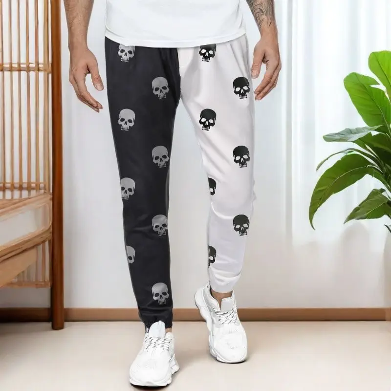 

Mens Halloween Clothing Y2K Streetwear Black White Patchwork Cargo Pants Men Hip Hop Skull Print Sweatpants Trousers Long Pants