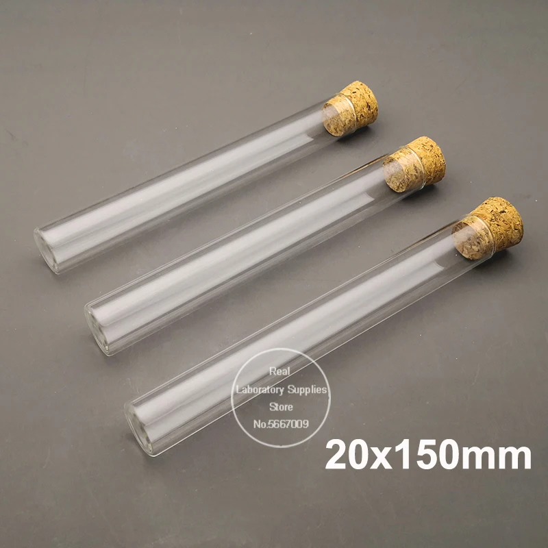 5-10-20pcs 20x100mm / 20x150mm / 20x200mm Clear Lab Flat Bottom Thickening  Glass Test Tube with Cork Stoppers