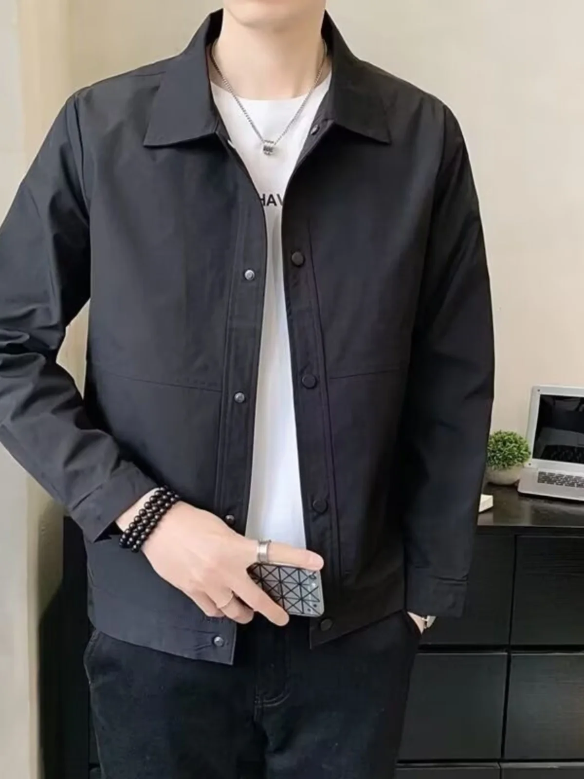 Spring Autumn Men's Casual Thin Jacket 2026 New Business Administrative Style Regular Sleeve Long Collar Button Decorated Out...