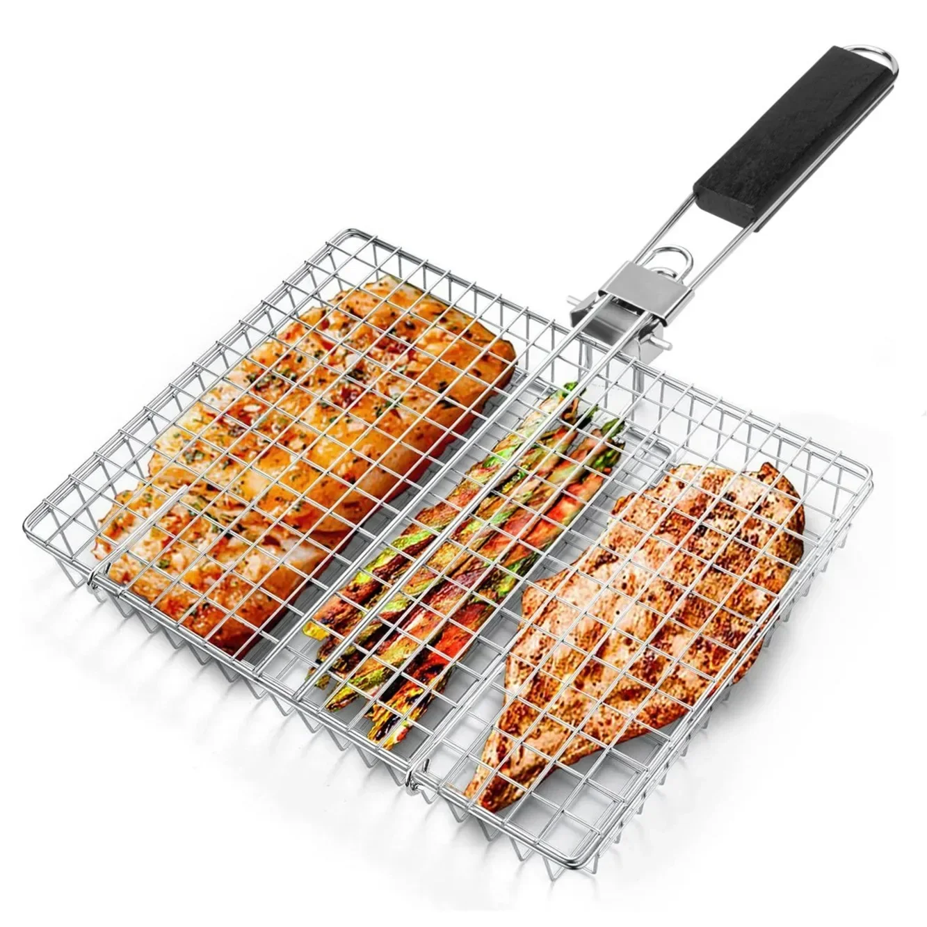 Mango plegable, Clip para barbacoa, pollo a la parrilla, multifuncional para exteriores, pescado a la parrilla, barbacoa de maíz, cesta para parrilla de malla