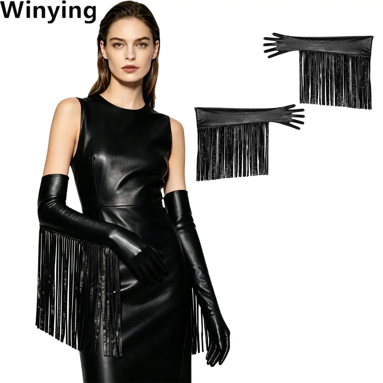 Metallic Shiny Long Gloves with Tassel Accent Over Elbow Length Full-finger Mittens Opera Gloves for Halloween Party Clothing