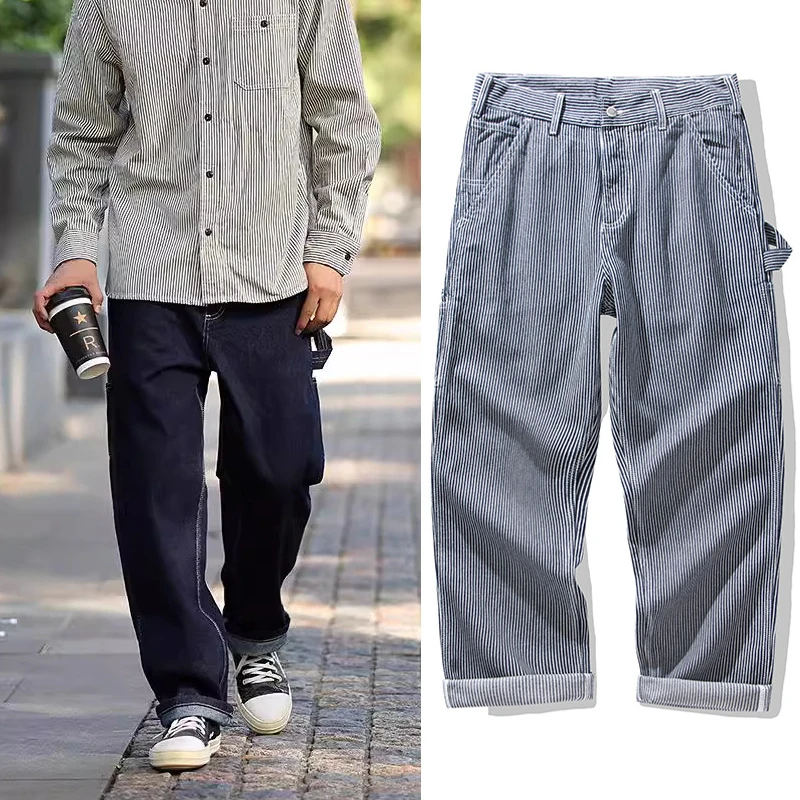 

Men's Original Color Denim Railway Work Pants Retro Raw Denim Cargo Pants Multi Pocket Striped Outdoor Casual Jeans Trousers