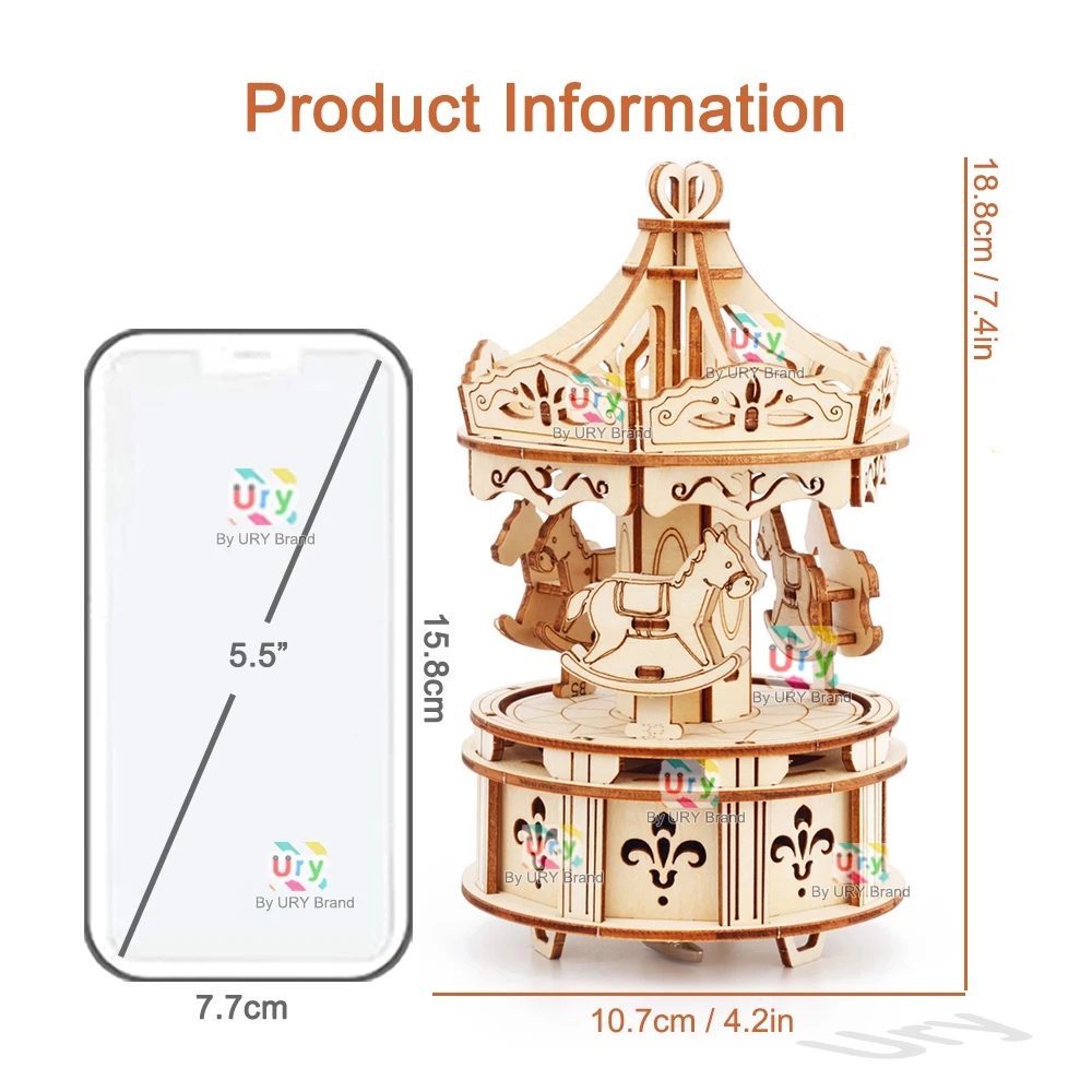 Rotatable DIY 3D Puzzles Carousel Merry-Go-Round Music Octave Box Wooden Model Mechanical Kits Assembly Decor Toys Gift