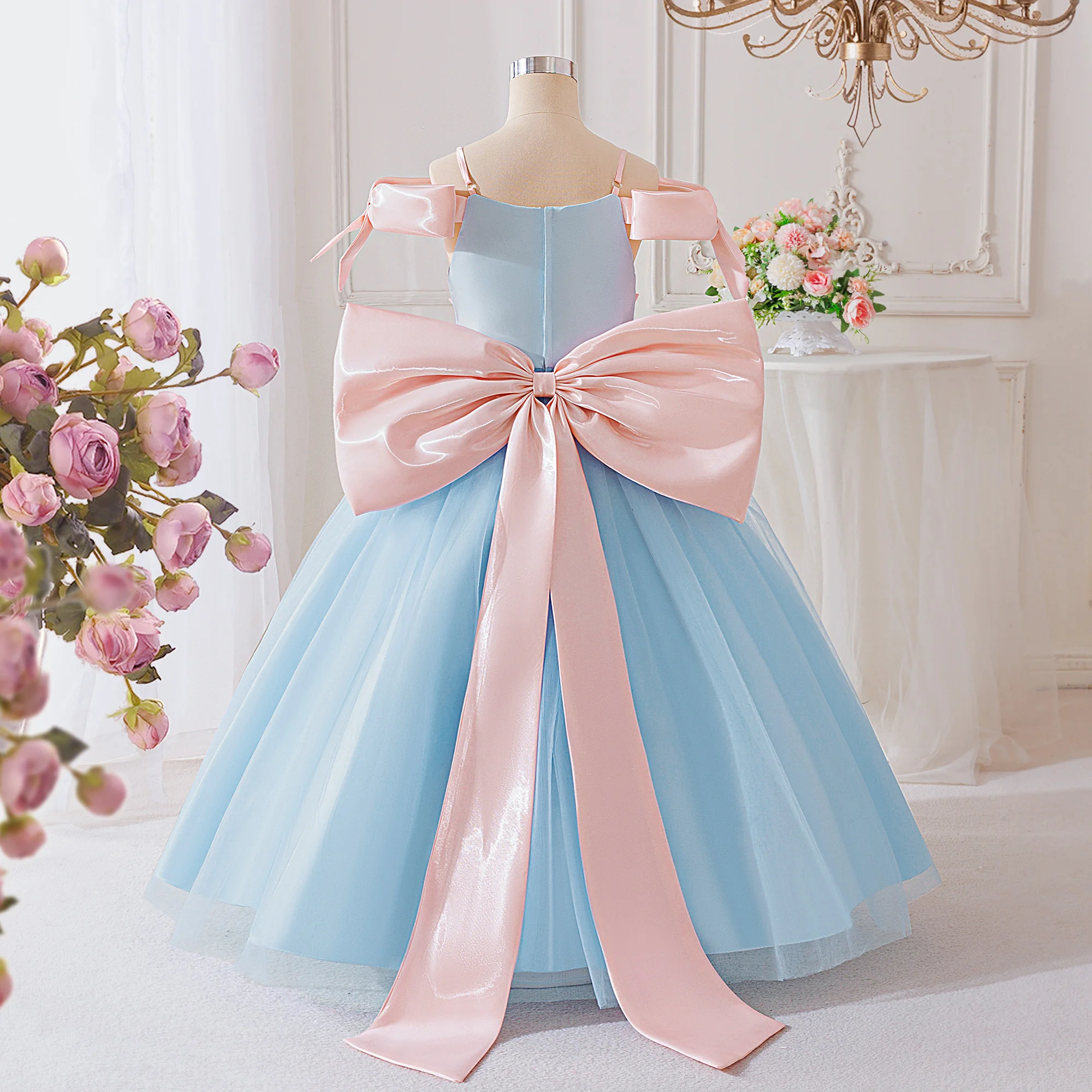 Elegant Big Bow Bridesmaid Dresses for Girl Formal Wedding Party Graduation Prom Gown Mesh Birthday Princess Evening Girls Dress