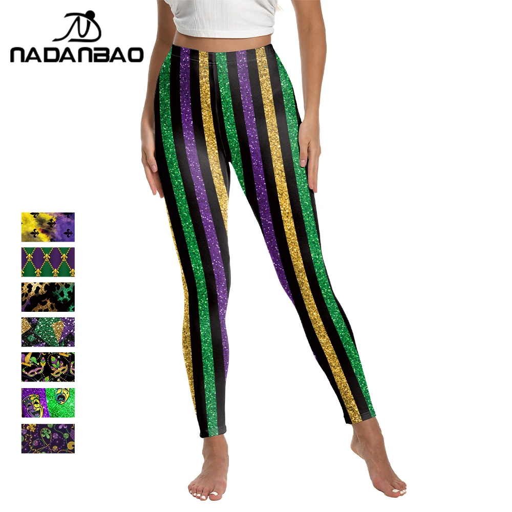 

Nadanbao Women Fleur De Lis Pattern Leggings Shiny 3D Beaded Mask Print Pants Purple Yellow Green Mardi Gras Trousers Soft Tight