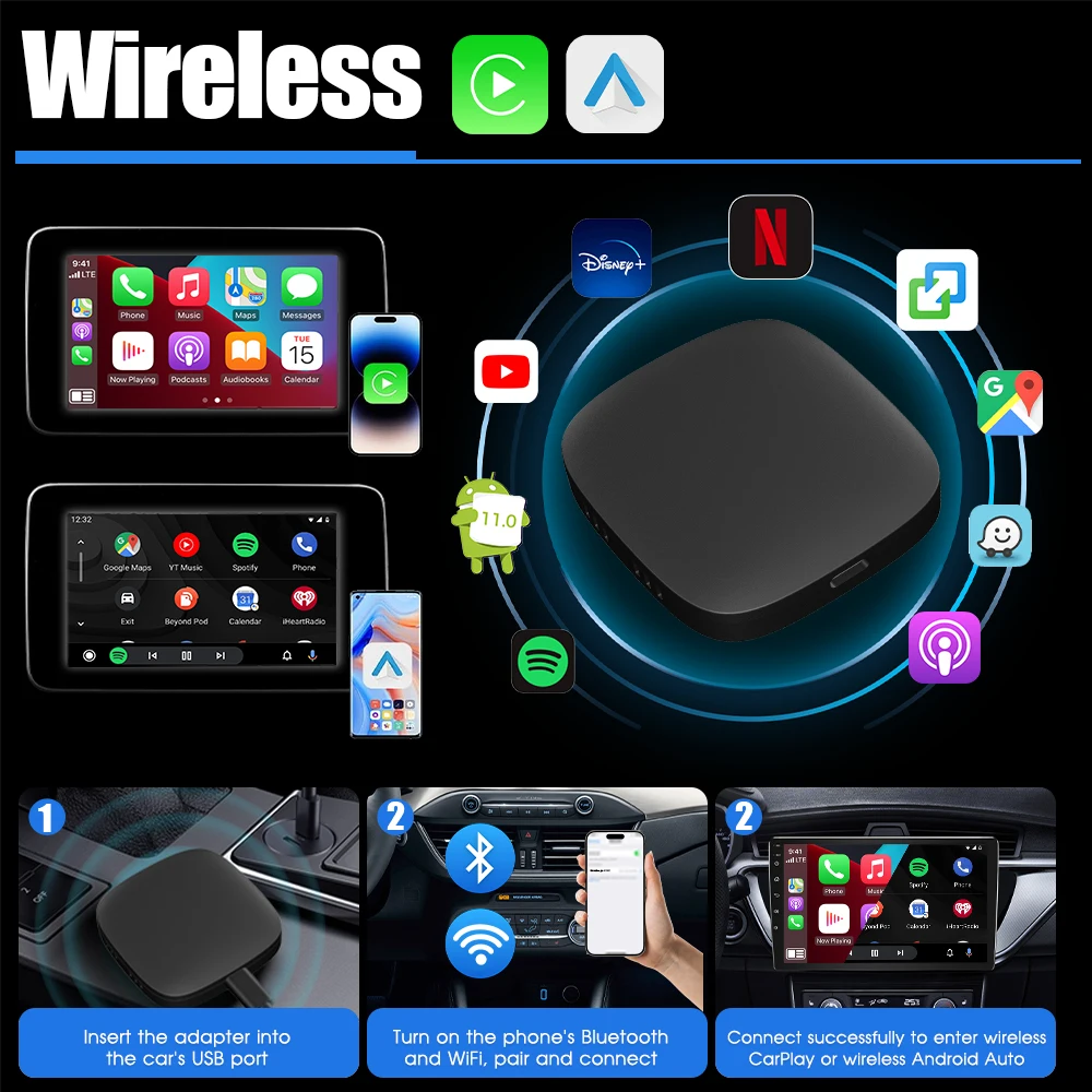 2026 Android14 CarPlay Ai Box Wired to Wireless Android Auto 3in1