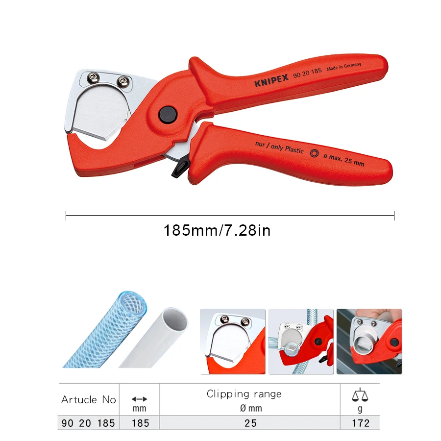 Knipex Pipe Cutters Cutting Pliers for Cutting Thin Walled Plastic Pipes and Plastic and Rubber Hose 9020185