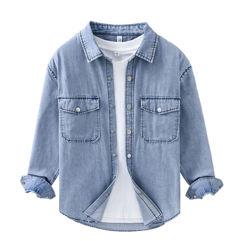 688 Casual Spring Denim Shirts Thin Jackets For Man Handsome Boyfriend High Street Vintage Solid Color Lapel Long Sleeve Coats