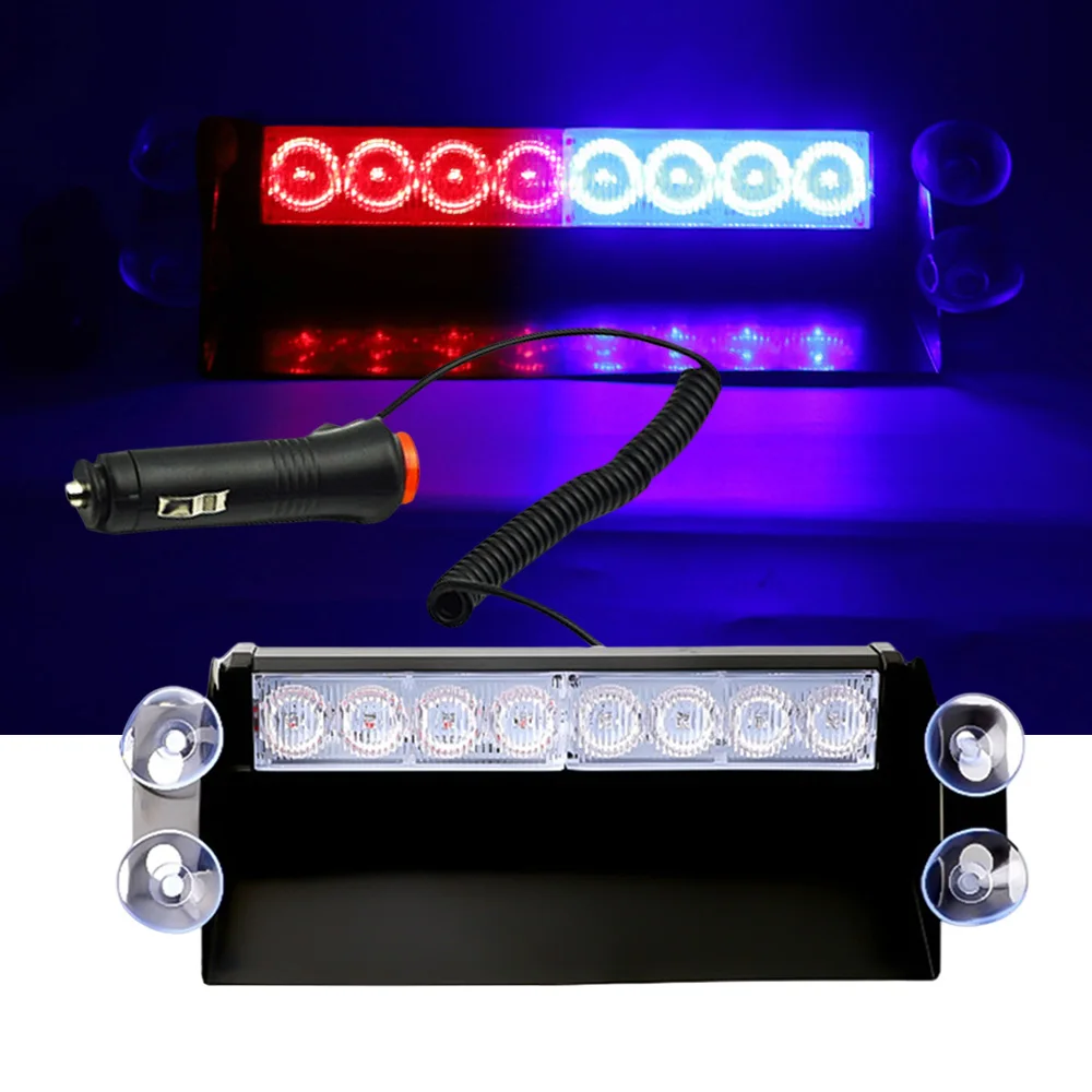 12V 8LED Led Car Strobe Light Automotive Emergency Light Vermelho Azul Piscando Aviso Lâmpada Polícia estroboscópios com Ventosa