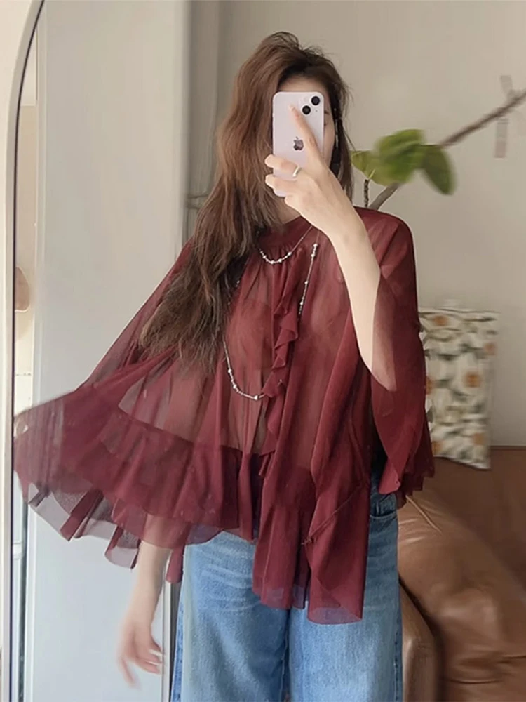 

Bow Layered Cloak Shirt Top Pleated Round Neck Women Cape Jacket Coat French Fashion Streamer See Through Baggy Ribbon Blouse