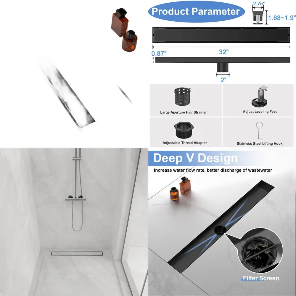 

32 Matte Black Linear Shower Drain with Tile Insert, SUS 304 Stainless Steel, Leveling Feet & Hair Strainer for Bathroom