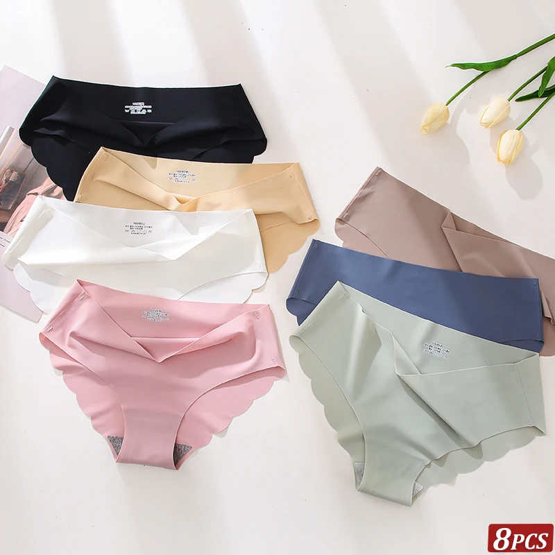 Nahtlose Eisseide-Slips 8 Stück/Set Damen-Unterwäsche Einfarbige Elastische Unterhosen Ultra-Dünne Spurlose Slips mit Wellenseiten