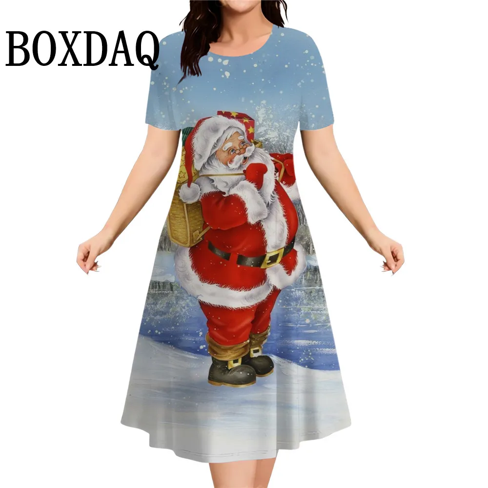 2024 New Christmas Party Dress Elegant Women Cute Sweet Casual Letter Print Short Sleeve Dress Loose Fashion Streetwear Clothing