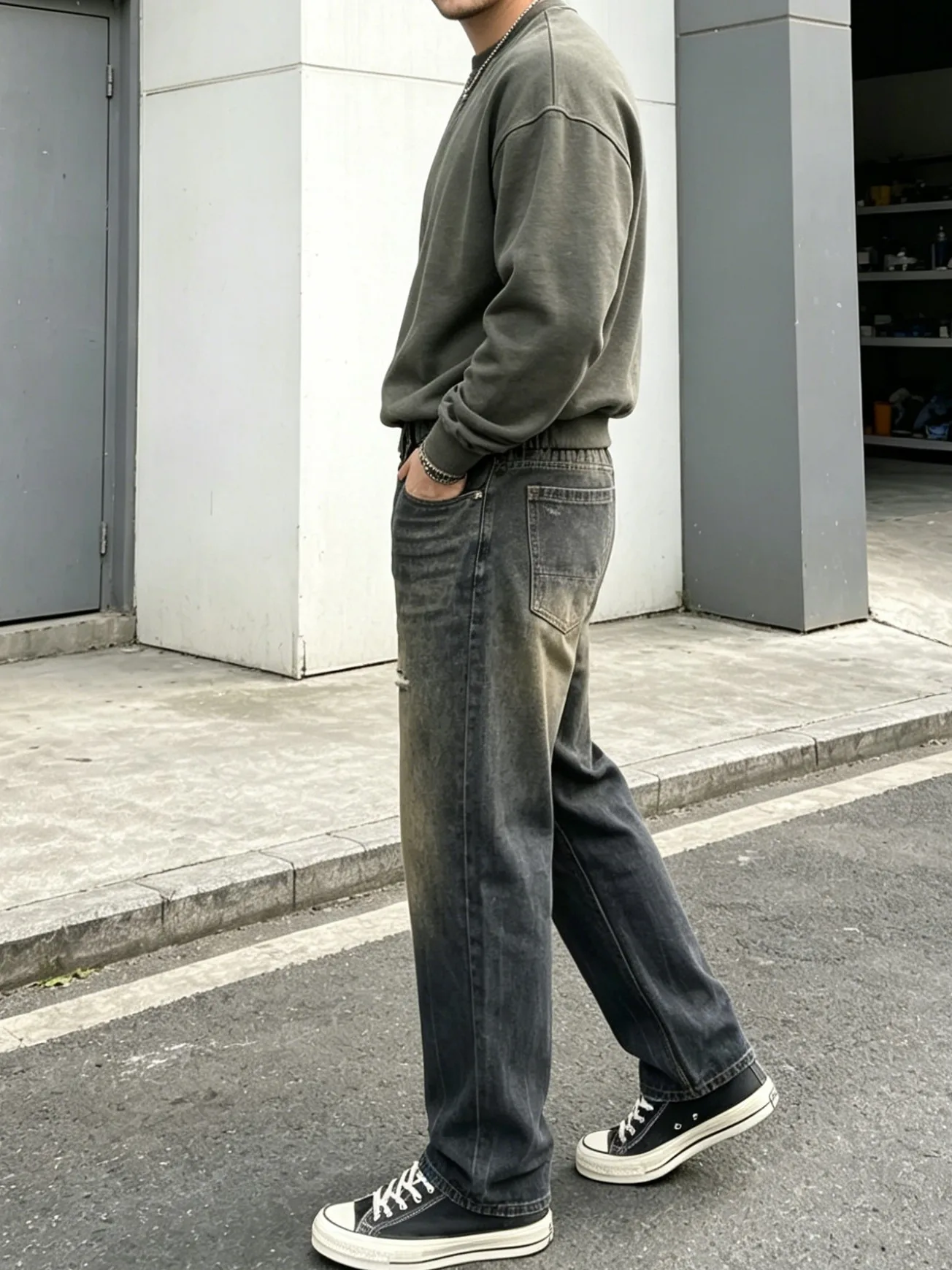 【HME】Men's Jeans | Vintage Washed Denim Pants, Elastic Waistband Straight‑Leg Jeans For Men, Distressed Ripped Design, Loose Fit Denim Trousers For Daily Casual Street Wear, Durable Denim Fabric, Multiple Pockets Male Bottoms
