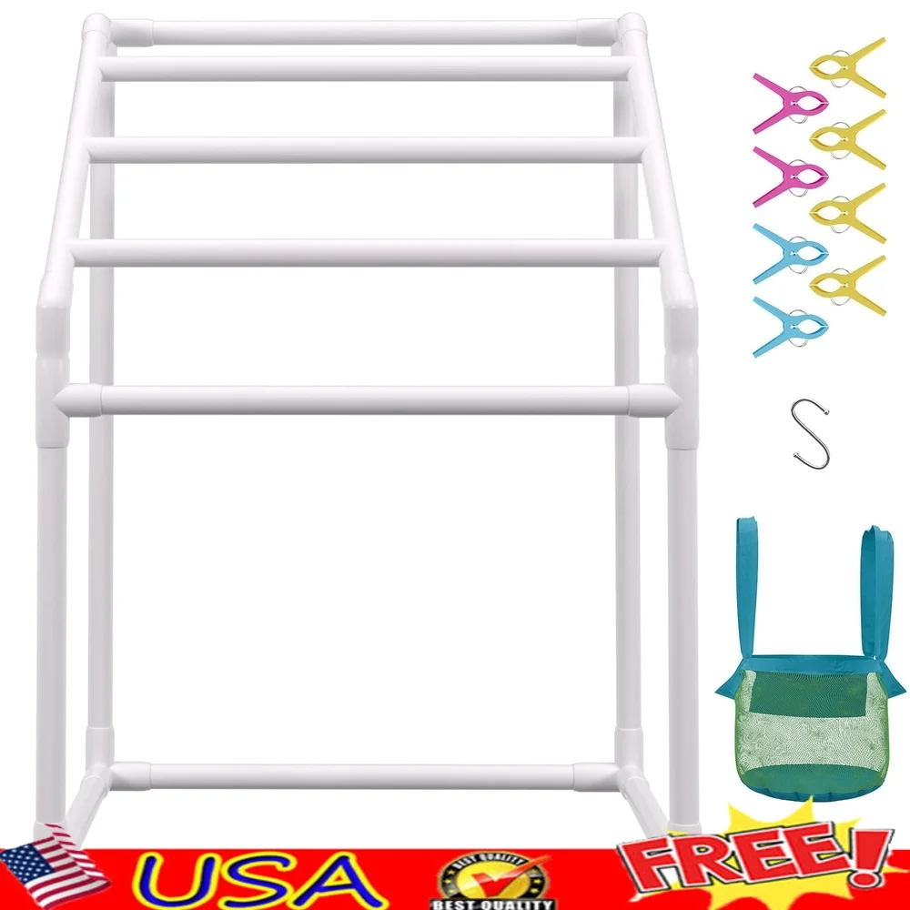 

Вешалка для полотенец из ПВХ с 5 стержнями, уличная подставка для хранения с крючком для зажимов, быстросохнущий бассейн, пляж, для использования в помещении, прочный, стабильный дизайн