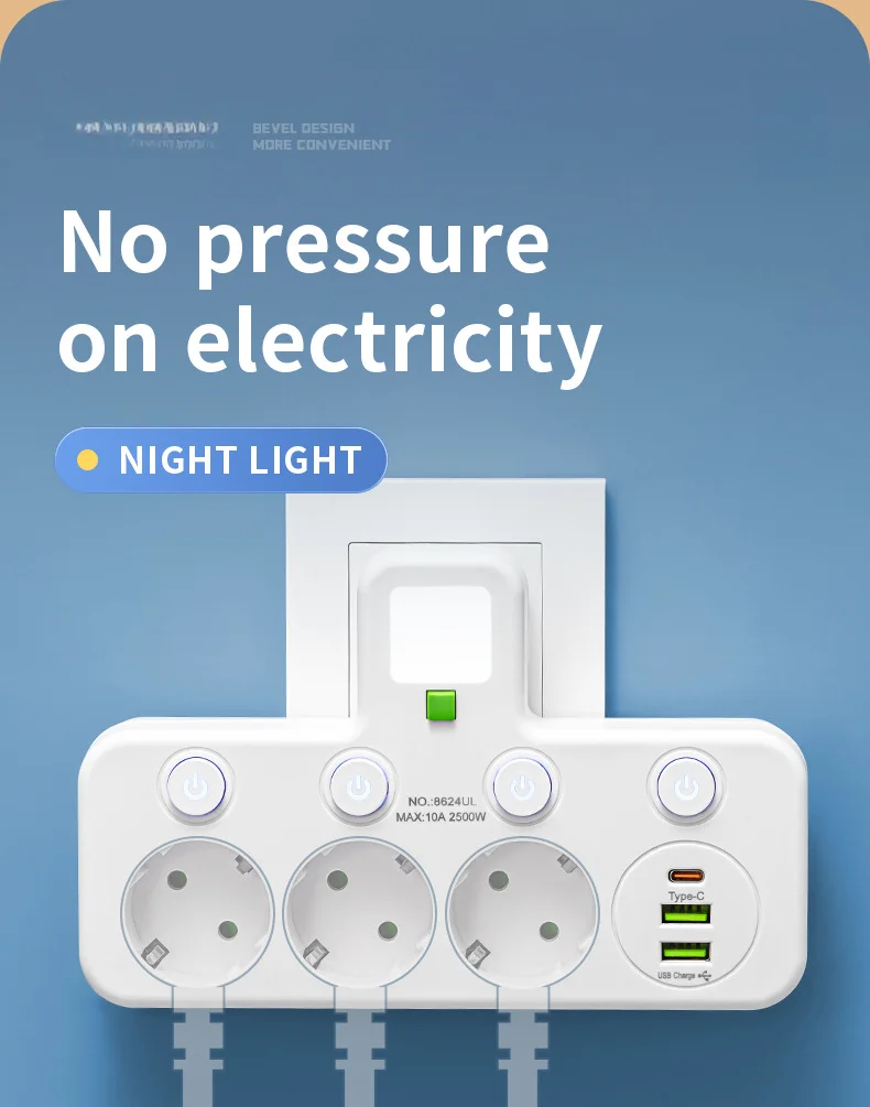 EU Plug Outlet Thermal Current Protection 3-Position Wall T-Socket with Switch Thermal Grounding 2500W EU  Standard White