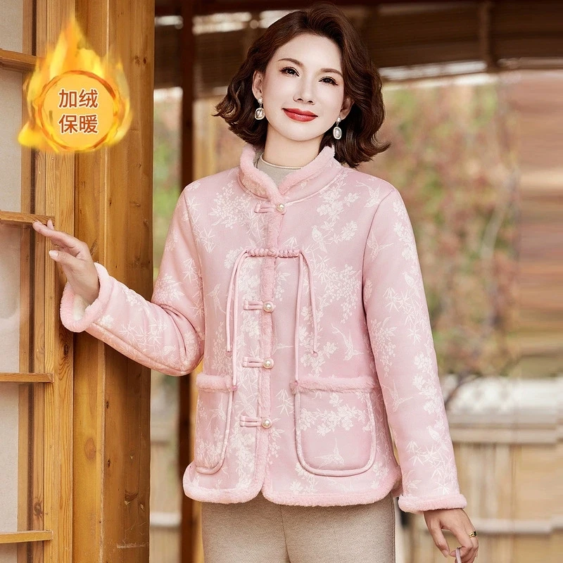 2025 المرأة النمط الصيني طباعة سترة قطن مبطنة بالصوف سميكة الدافئة طويلة الأكمام معطف الشتاء المألوف الأم أبلى 2025
