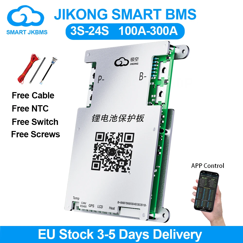 JIKONG JK BMS 3S-8S Smart BMS With Heat CAN RS485 BT 1A 2A Active Balance BMS for LiFePo4 Li-ion Lto Battery Pack 100A 200A 300A