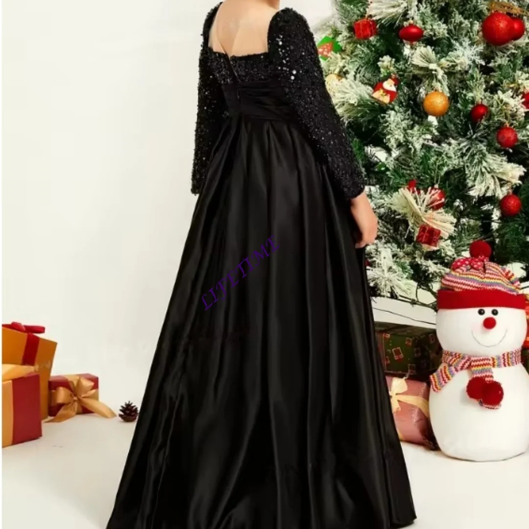 Schwarzes Satin-Blumenmädchenkleid für Kinder, Maßanfertigung für Erstkommunion, Hochzeit, Geburtstagsfeier, Ballkleid