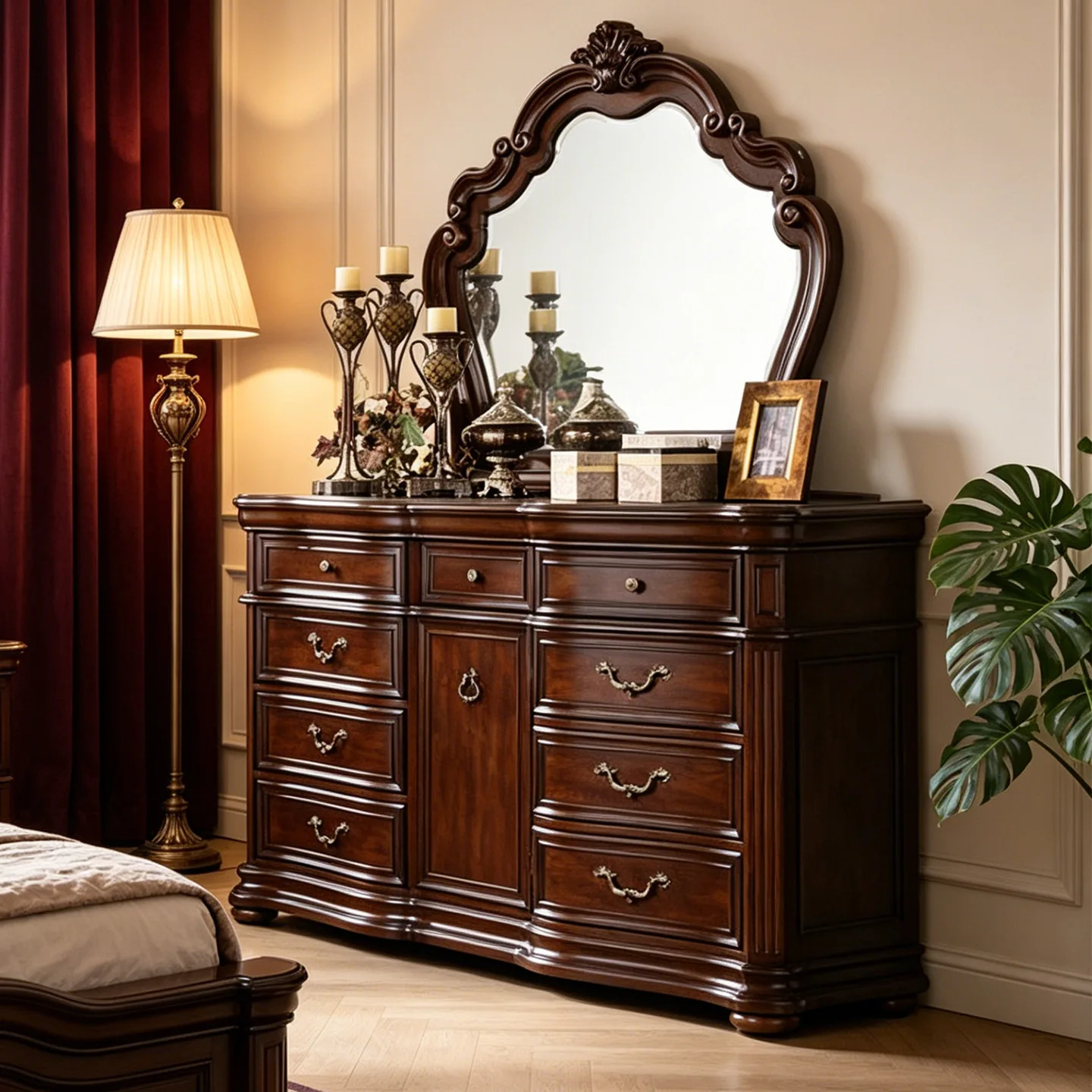 Solid wood bedroom dresser with mirror retro bedside storage cabinet
