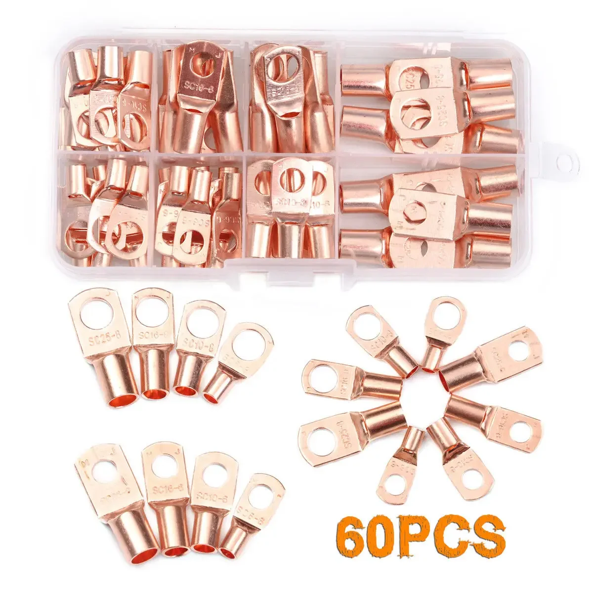 60CPS Assortment Car Auto Copper Ring Terminal Wire Crimp Connector Bare Cable Battery Terminals Soldered Connectors HX-50B Kit