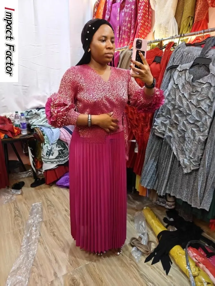 Miyake Pleated Fake Two-piece Bronzing Dress Hand-cranked Flower V-neck Temperament Loose Medium and Long Dress Summer New