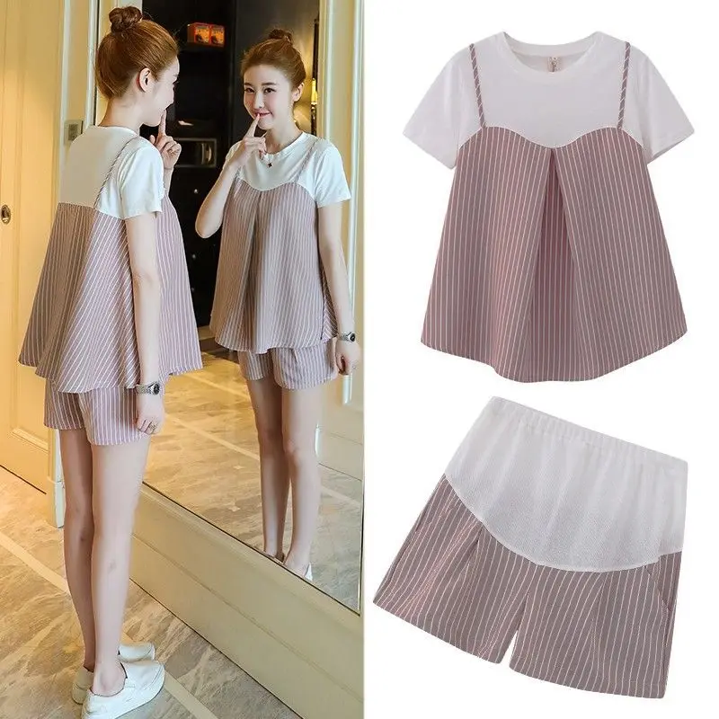 Maternity Spring/Summer Stripe Two-Piece Set, New Bracket Pants, Short Sleeves, Loose Fit Maternity T-shirt, Top Trendy