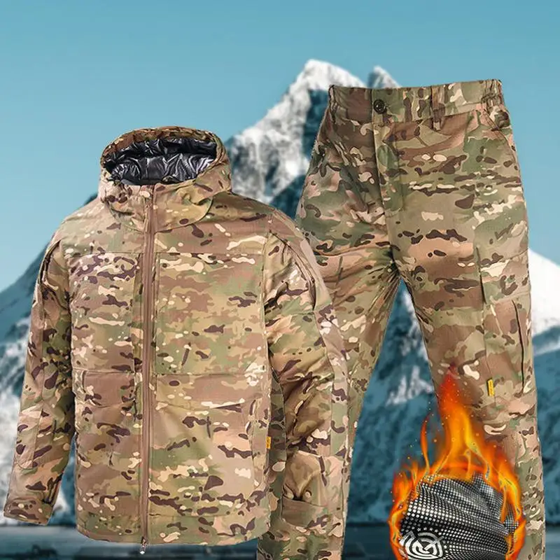 Men's Thermal Reflective Camo Tactical Cotton Suit Winter Outdoor Warm Combat Training Jacket Pants Set​