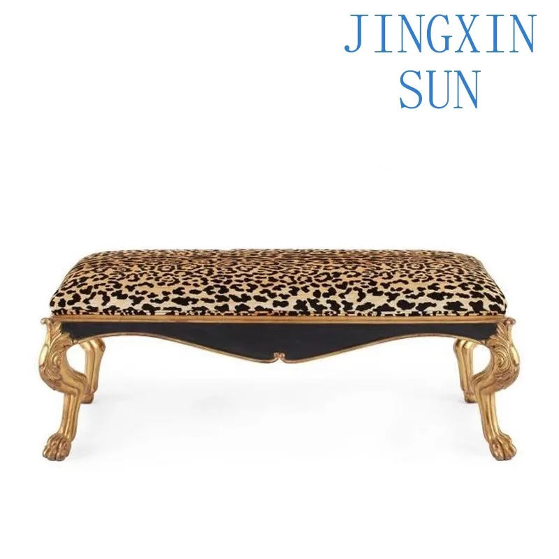 American French Solid Wood Shoe Changing Stool for Home Decor Bedroom Living Room Rectangular Sofa Stool Leopard Print