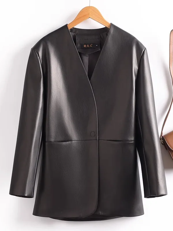 2025 Spring New Women's Medium Length eepskin Leather Jaet Bla Coat Outerwear Sli Commute Sle Slim Fit Leather