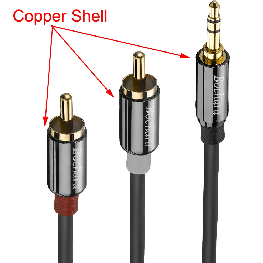 Bochara 1/8 \'\'TRS 3.5mm złącze Stereo do 2RCA OFC kabel Audio folia + oplecione ekranowane dla głośników wzmacniacz 5m 10m 15m 20m