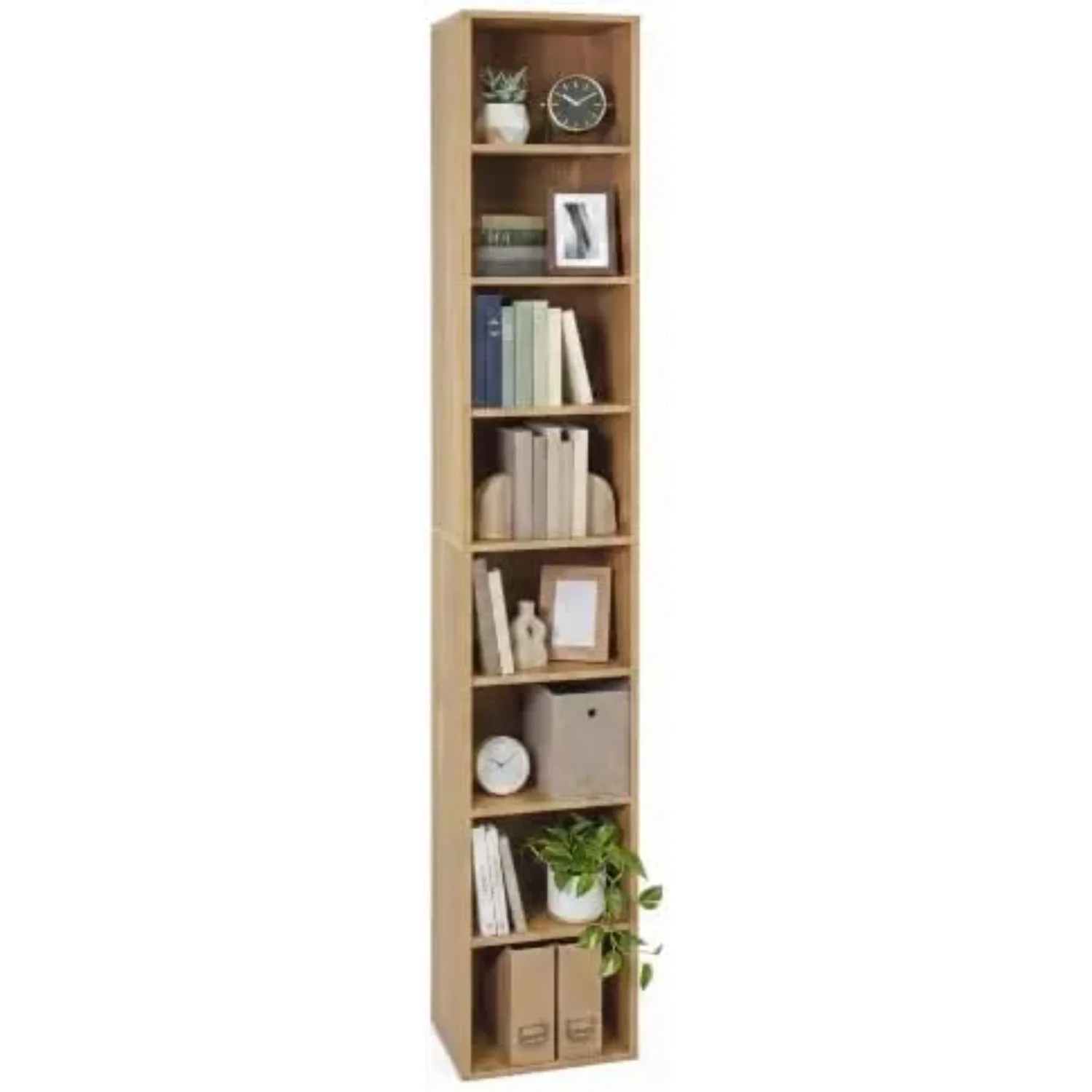 8-Tier Slim Media Tower Rack, Tall Narrow Bookcase, Natural | Skinny CD DVD Storage Cabinet with 4 Adjustable Shelves