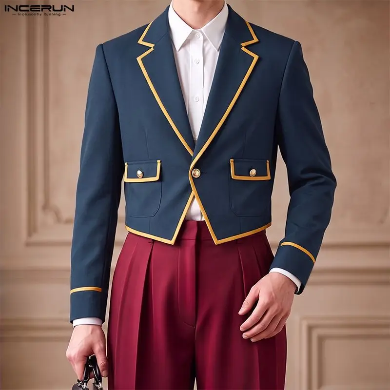 INCERUN Men's Blazer Patchwork Lapel Long Sleeve Color-block Casual Male Suit Streetwear Fashion Leisure Crop Balzer For Man