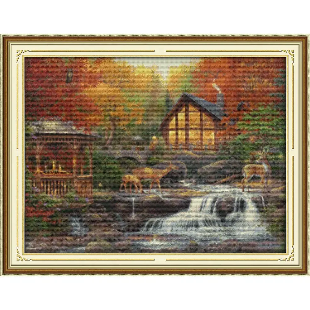 

Joy Sunday Pre-printed Cross Stitch Kit Easy Pattern Aida Stamped Fabric Embroidery Set-Deer Drinking Near The Stream