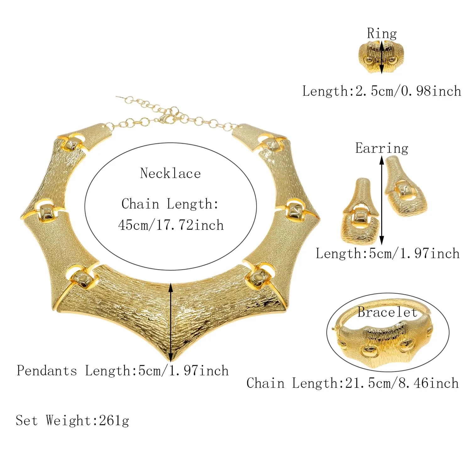 Exaggerated Design Italian Gold Plated Jewelry Set Women Bold Necklace Luxurious Frosted Crafts Ring Bracelet Wedding Party Jewe