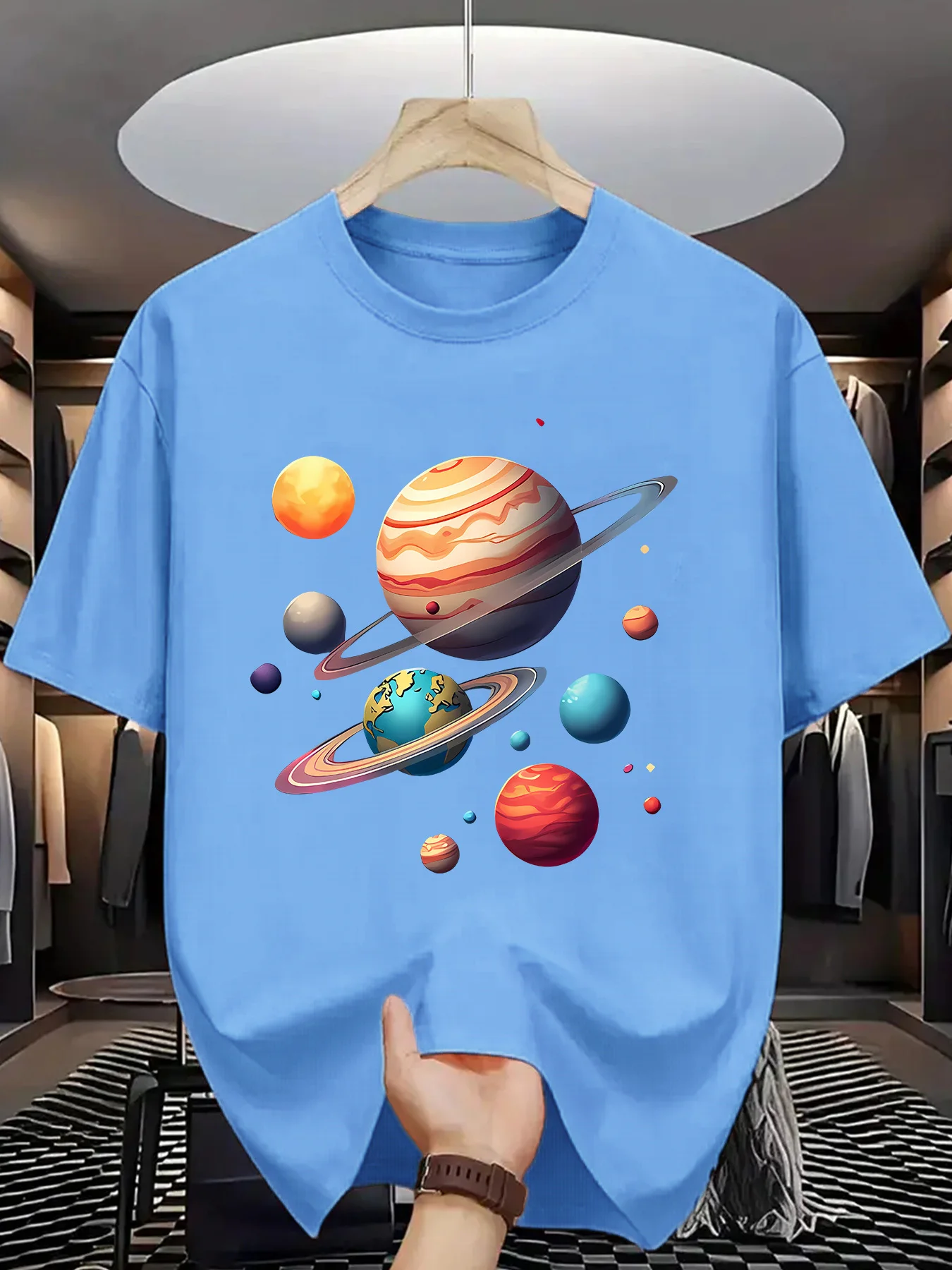 Cartoon Space Planets Print Men Short Sleeve Tshirt Bright Solar System Pattern O Neck Tee Galaxy Style Male Street Fashion Tops