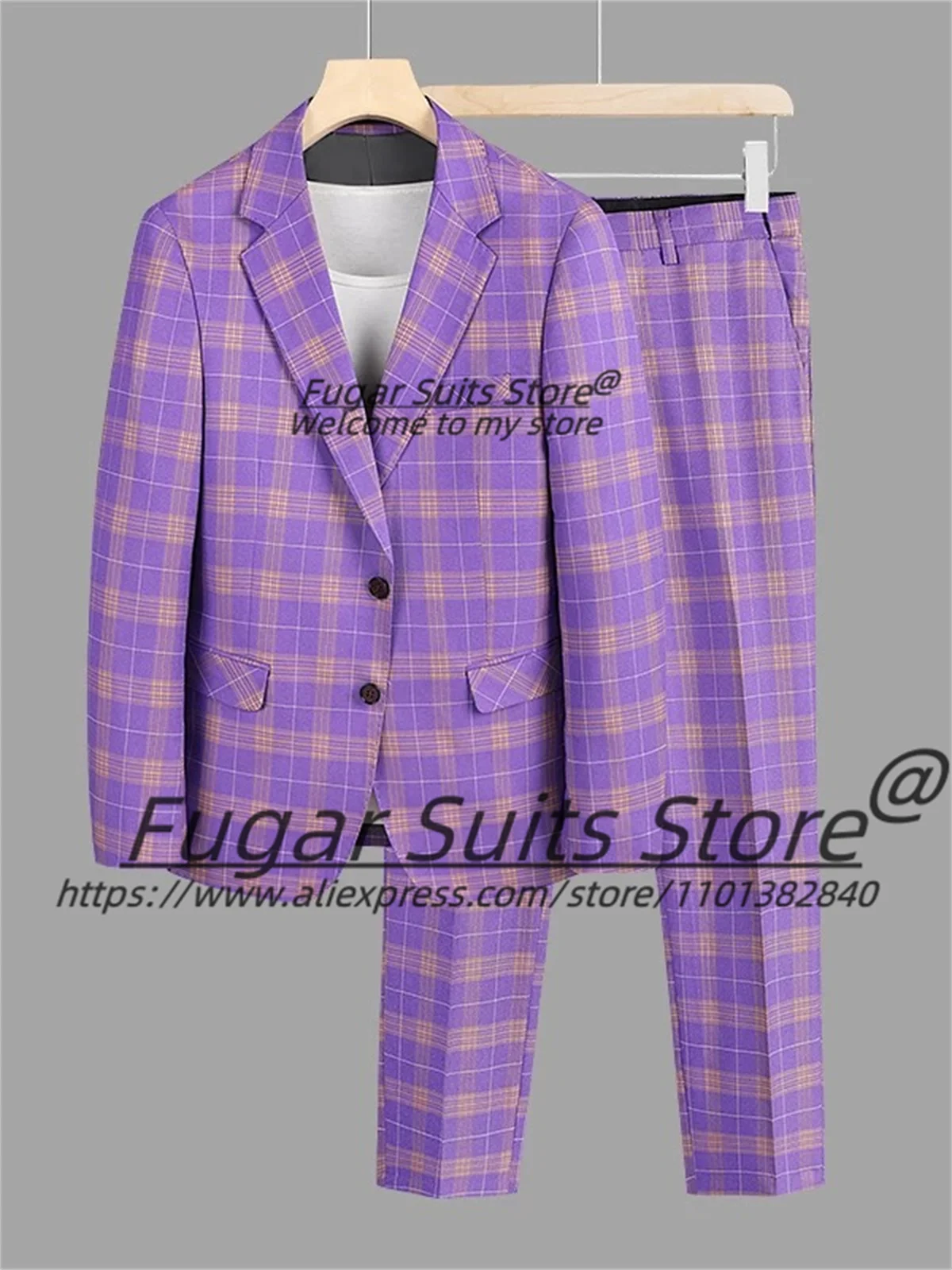 

Formal Purple Plaid Men Suits Customized Slim Fit Notched Lapel Man Prom Tuxedos 2Pieces Sets Male Classic Blazers Costume Homme