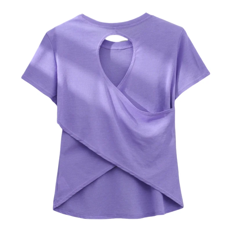 DRUR Gym Tops Women Lightweight Sweatshirt Summer Short Sleeve Quick Dry Fitness Running Tshirt Back Cross Hollow Yoga Wear New image 4